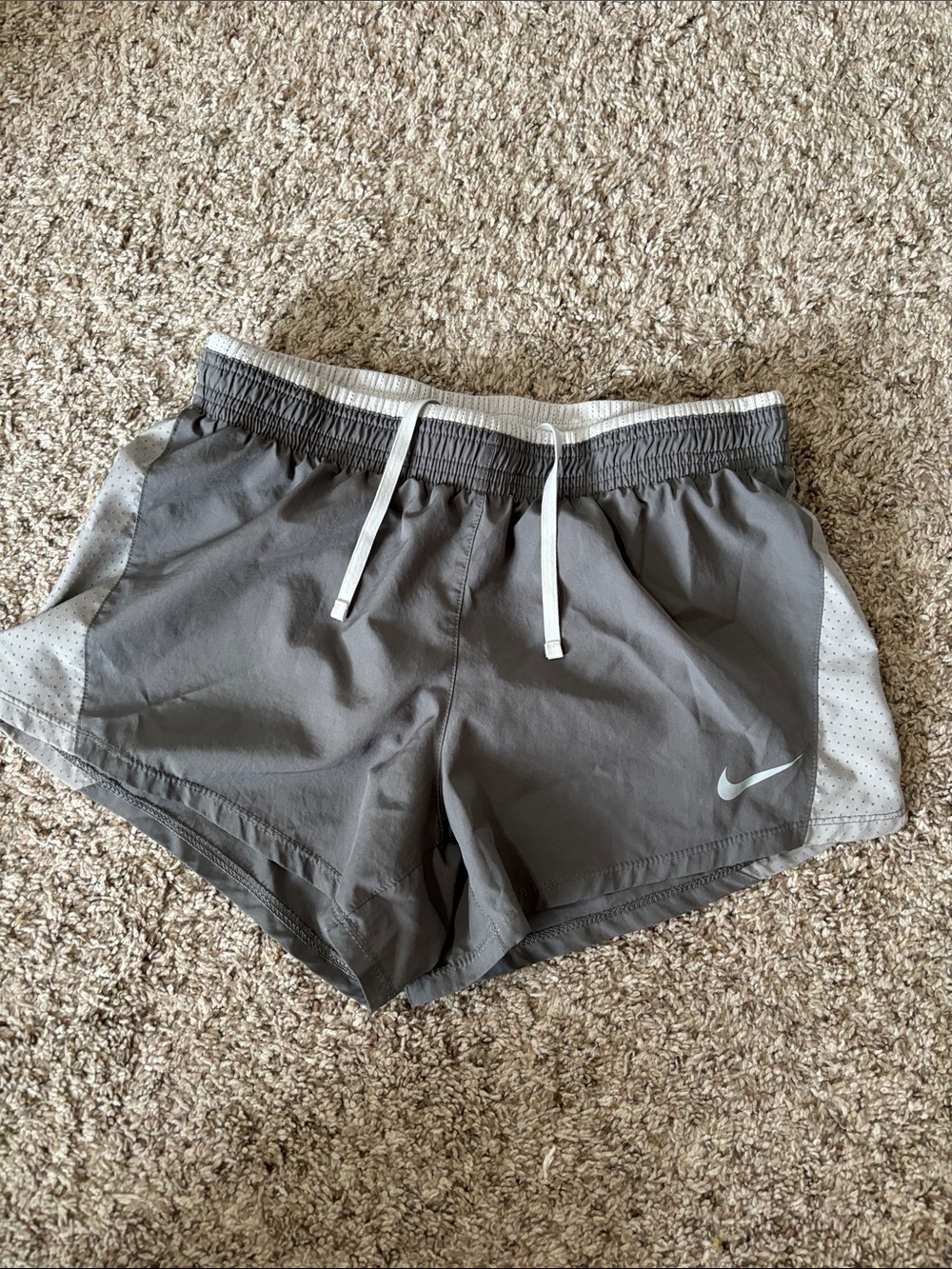 Nike dri-fit Women’s Gray Athletic Running Shorts with White Drawstring